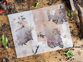 Delicate botanical sticker vellum sheet for March 2023, featuring soft watercolor flowers, leaves, and muted blush tones.
