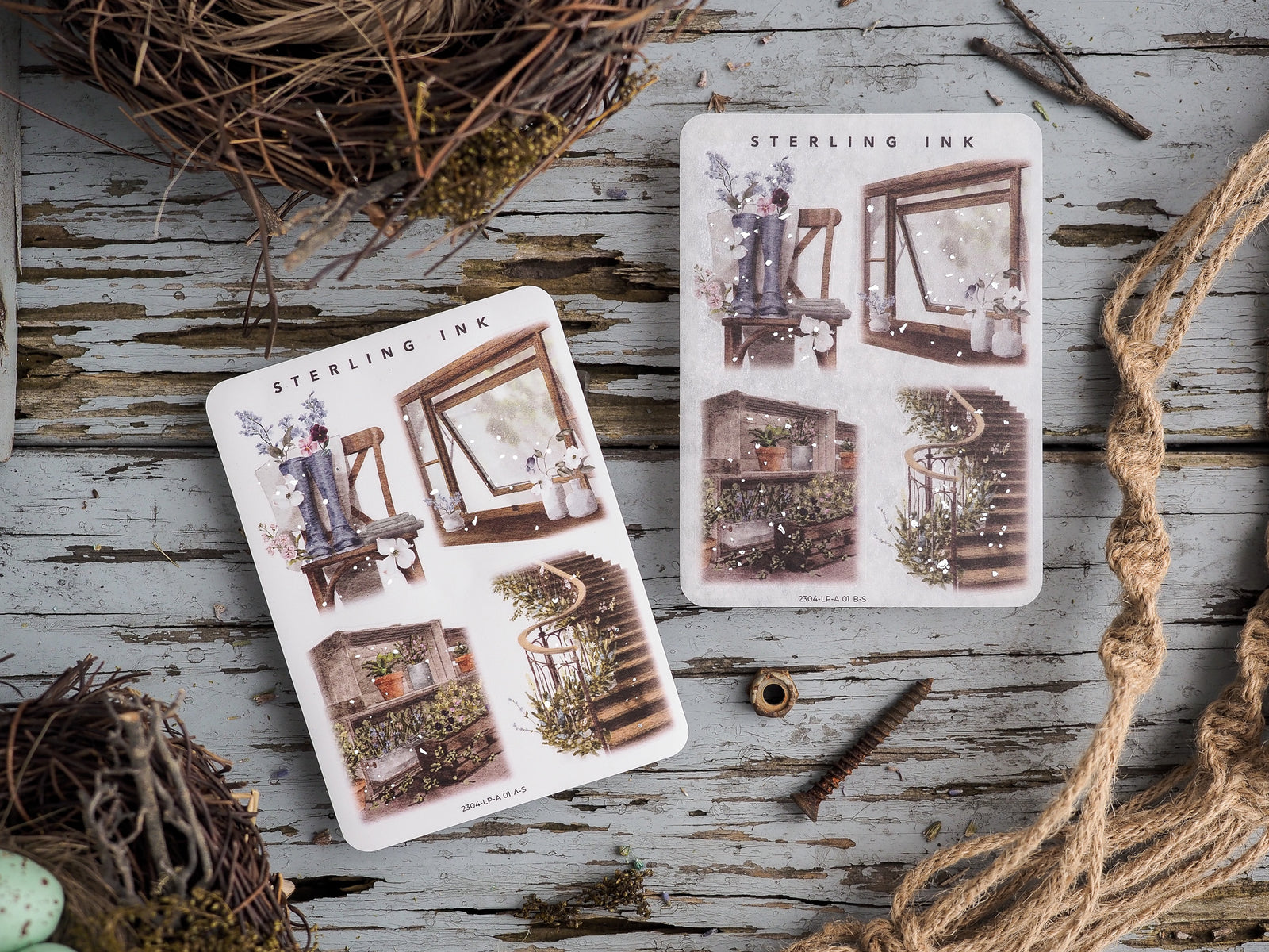 Large, vintage-themed sticker sheets illustrating rustic scenes, including antique windows, wooden chairs, and delicate botanical elements for creative crafting.
