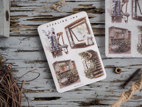 Rustic sticker sheet featuring detailed botanical illustrations of potted plants, antique chairs, and vintage window boxes.
