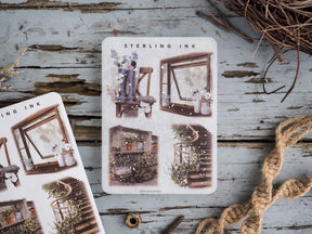 Set of antique illustration stickers depicting rustic indoor scenes, including weathered windows, potted flowers, and charming vintage garden vignettes.