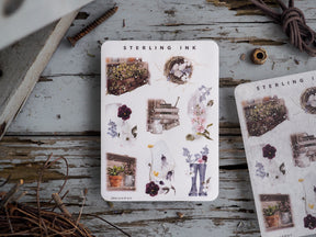 Sheet of detailed sticker illustrations featuring a spring garden theme, including potted plants, floral bouquets, and rustic nature elements in soft, muted tones.