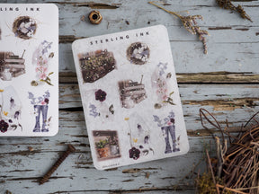 Vibrant collection of large icon stickers featuring botanical elements, decorative books, potted plants, and seasonal craft designs on a white background.