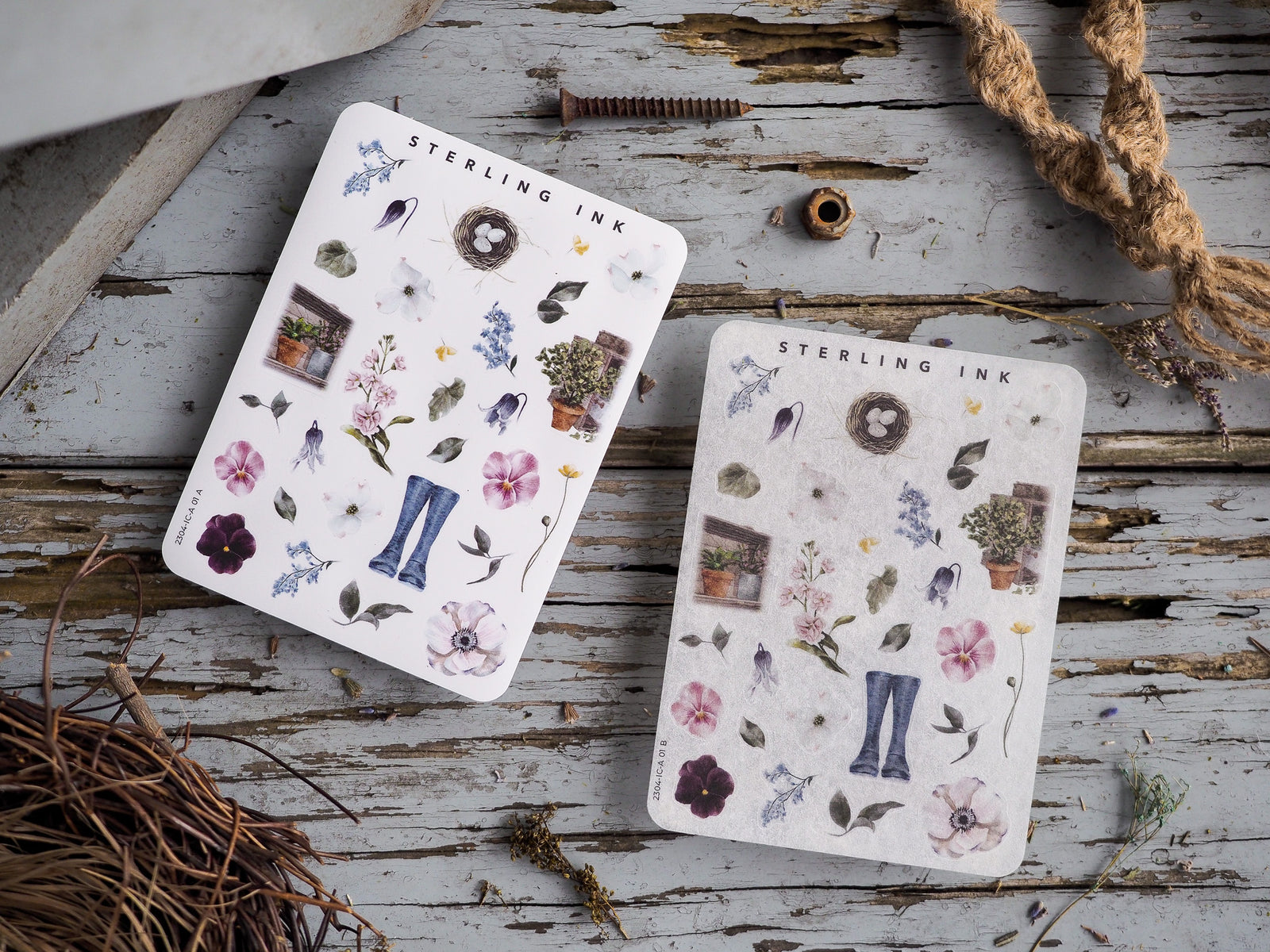 Miniature icon stickers featuring various floral illustrations, pots, windows, and seasonal elements arranged on white paper.