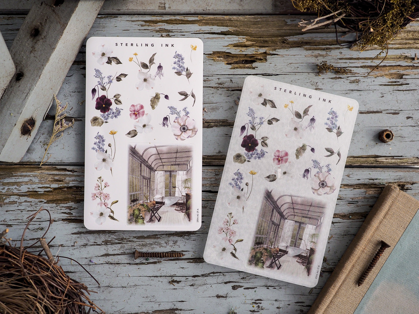Delicate botanical stickers featuring soft pastel watercolor florals and an elegant illustration of a rustic greenhouse interior.