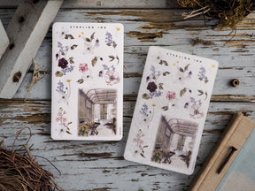 Delicate botanical stickers featuring soft pastel watercolor florals and an elegant illustration of a rustic greenhouse interior.