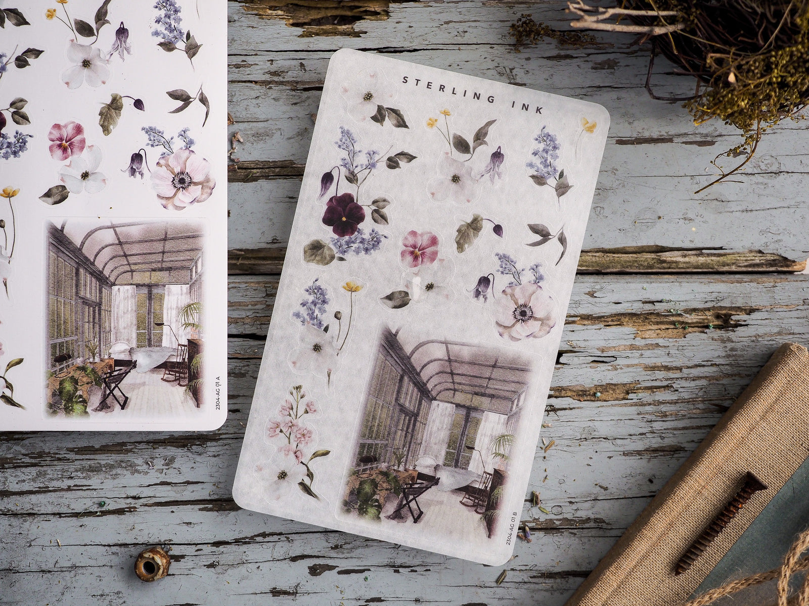 Decorative sticker sheet featuring botanical watercolor blooms, including pink and purple peonies, paired with a charming photograph of an arched glass conservatory.