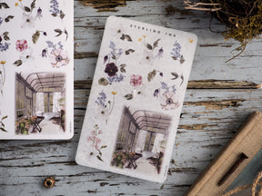 Decorative sticker sheet featuring botanical watercolor blooms, including pink and purple peonies, paired with a charming photograph of an arched glass conservatory.