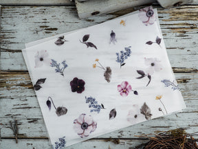 Botanical watercolor sheet featuring muted spring florals, including soft pink peonies, delicate blue sprigs, and complementary gray-green foliage.