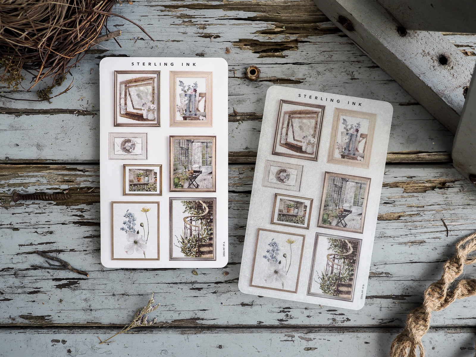 Vintage picture frame stickers for April 2023, featuring delicate watercolor illustrations of seasonal flora, cozy indoor vignettes, and rustic home details.