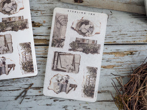 Vintage-style torn sticker sheets featuring monochromatic architectural illustrations, overgrown arches, and rustic interior designs for scrapbooking.