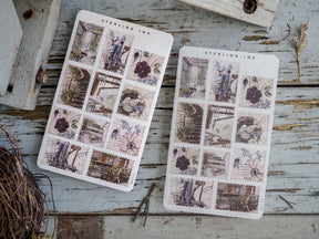 Detailed grid stickers featuring vintage illustrations of blooming flowers, cozy cottage scenes, and soft purple and blue garden motifs.