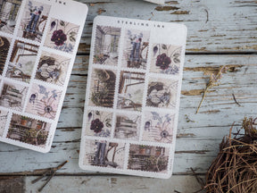 Vintage floral and architectural stamps stickers featuring square vignettes of windows, decorative frames, and deep purple blossoms for scrapbooking.