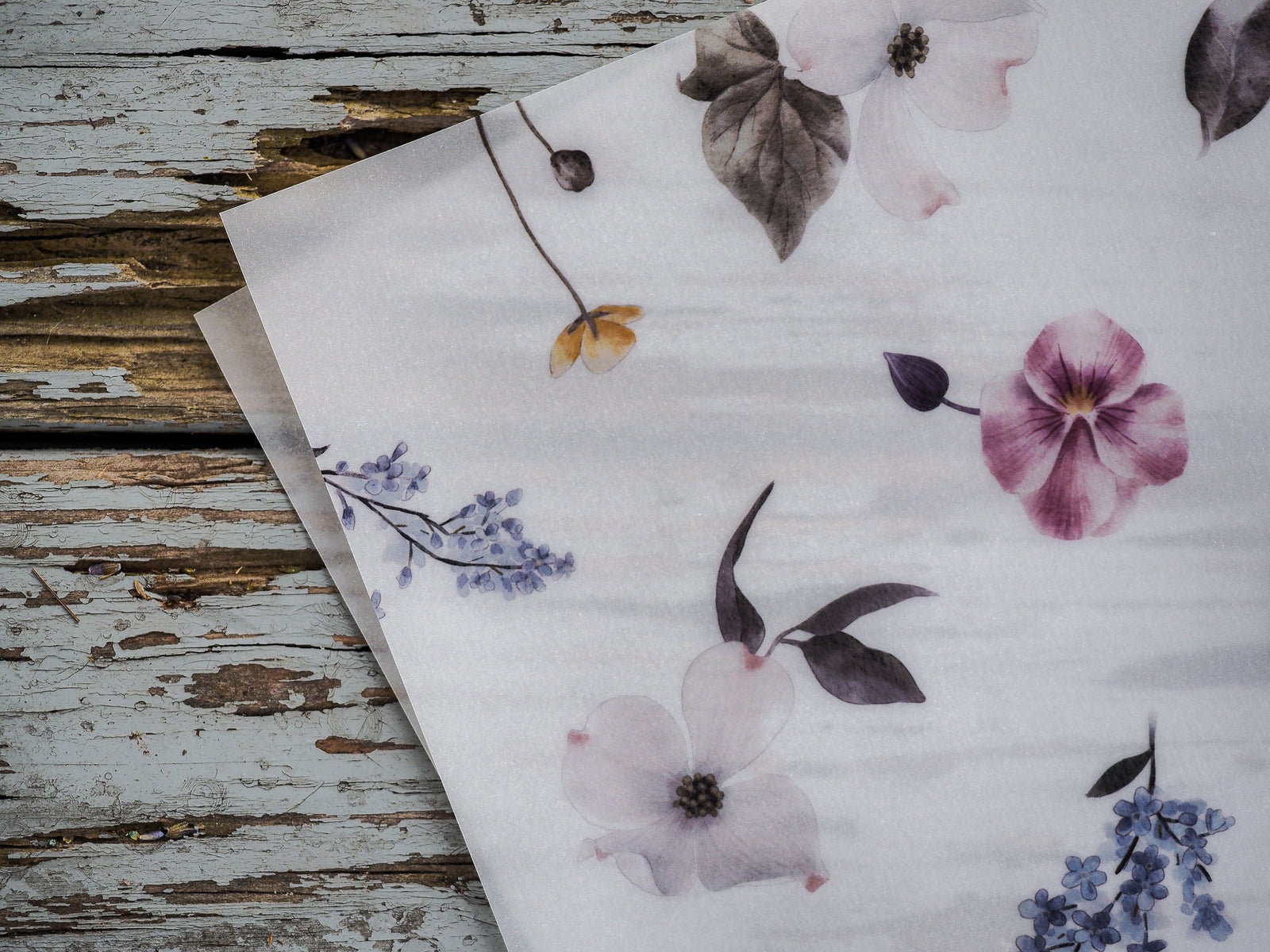 Elegant watercolor floral pattern featuring soft pastel pink, purple, and blue spring blossoms with delicate leaves.