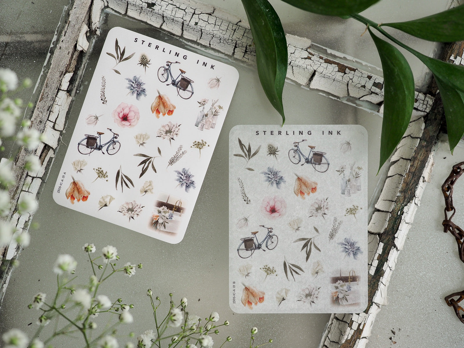 Mini sticker sheet featuring delicate watercolor icons of vintage bicycles, lush floral bouquets, and various natural botanical elements.