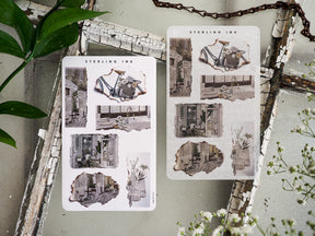 Vintage "Torn Paper Stickers" featuring sepia-toned architectural sketches of charming interior and outdoor scenes, perfect for journaling or crafting.