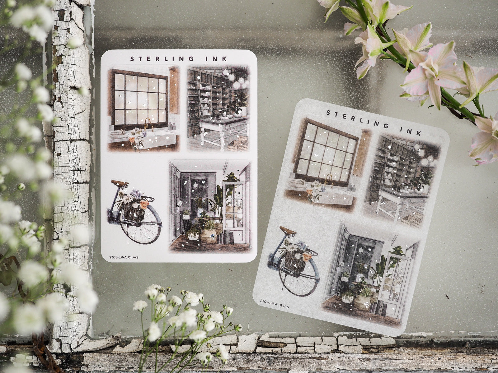 Detailed sticker sheets featuring large, vintage architectural illustrations of cozy interiors, city windows, and charming urban scenes.
