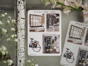 Detailed sterling ink illustration stickers featuring vintage home decor, antique windows, and elegant bicycles, accented with delicate silver foil accents.