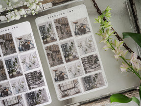 Vintage stamps stickers featuring detailed sepia-toned architectural scenes and historical buildings, perfect for crafting and journal journaling.