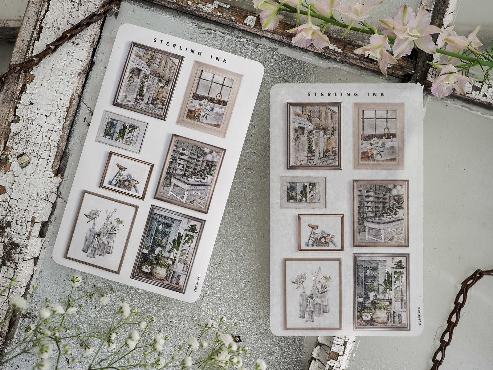 This sticker set features multiple framed vintage illustrations and detailed sketches of homes, interiors, and botanical scenes.