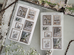 This sticker set features multiple framed vintage illustrations and detailed sketches of homes, interiors, and botanical scenes.