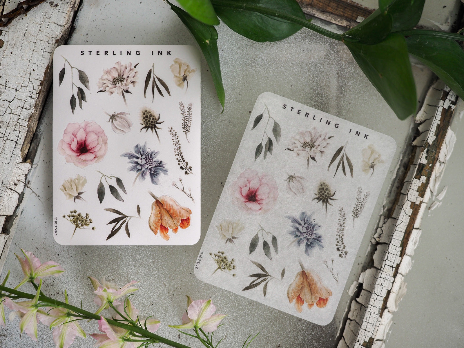 Delicate botanical sticker sheets featuring soft pastel watercolor elements, including peonies, lush leaves, and assorted natural floral illustrations.