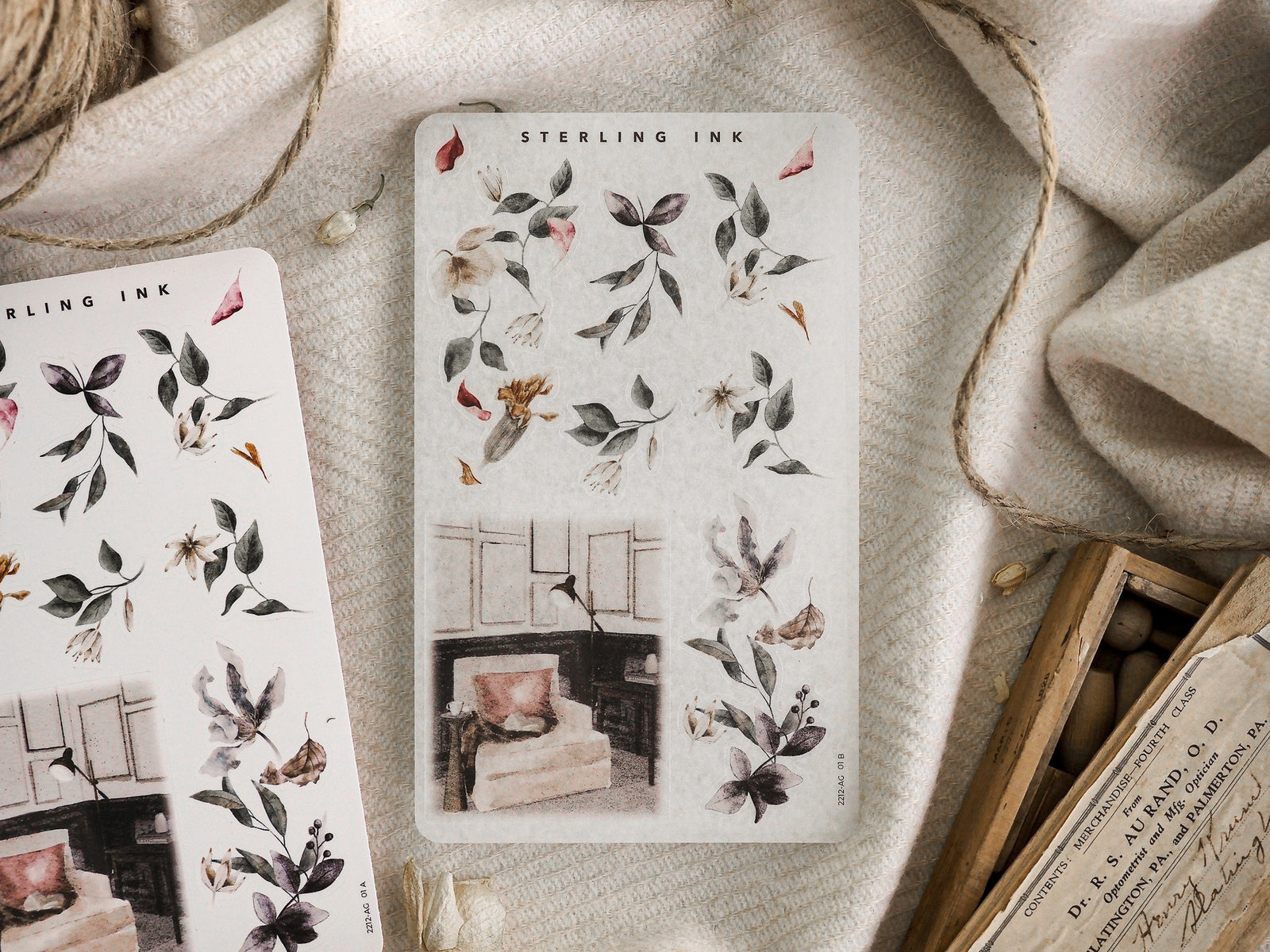 Vintage botanical arrangement stickers featuring muted leaves, delicate flowering stems, and dried foliage in soft, natural tones for journaling and crafting.