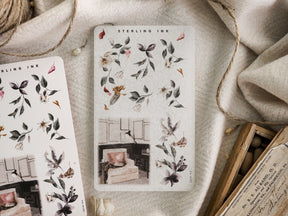 Vintage botanical arrangement stickers featuring muted leaves, delicate flowering stems, and dried foliage in soft, natural tones for journaling and crafting.
