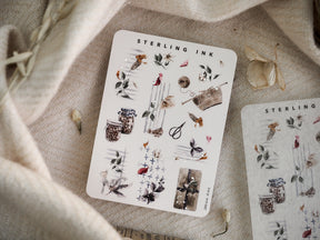 Rustic icon sticker set depicting muted watercolor illustrations of dried botanicals, mason jars, berries, and seasonal natural elements.