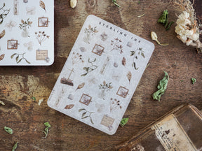 Mini elements sticker sheet featuring delicate botanical illustrations and framed natural icons, showcasing vintage leaves, dried flowers, and natural motifs.