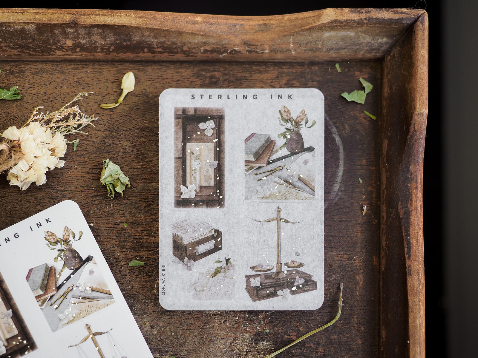 Rich set of distressed, vintage illustration stickers featuring antique botanical sketches, stacked books, and scholarly scientific equipment in sepia and silver foil tones.