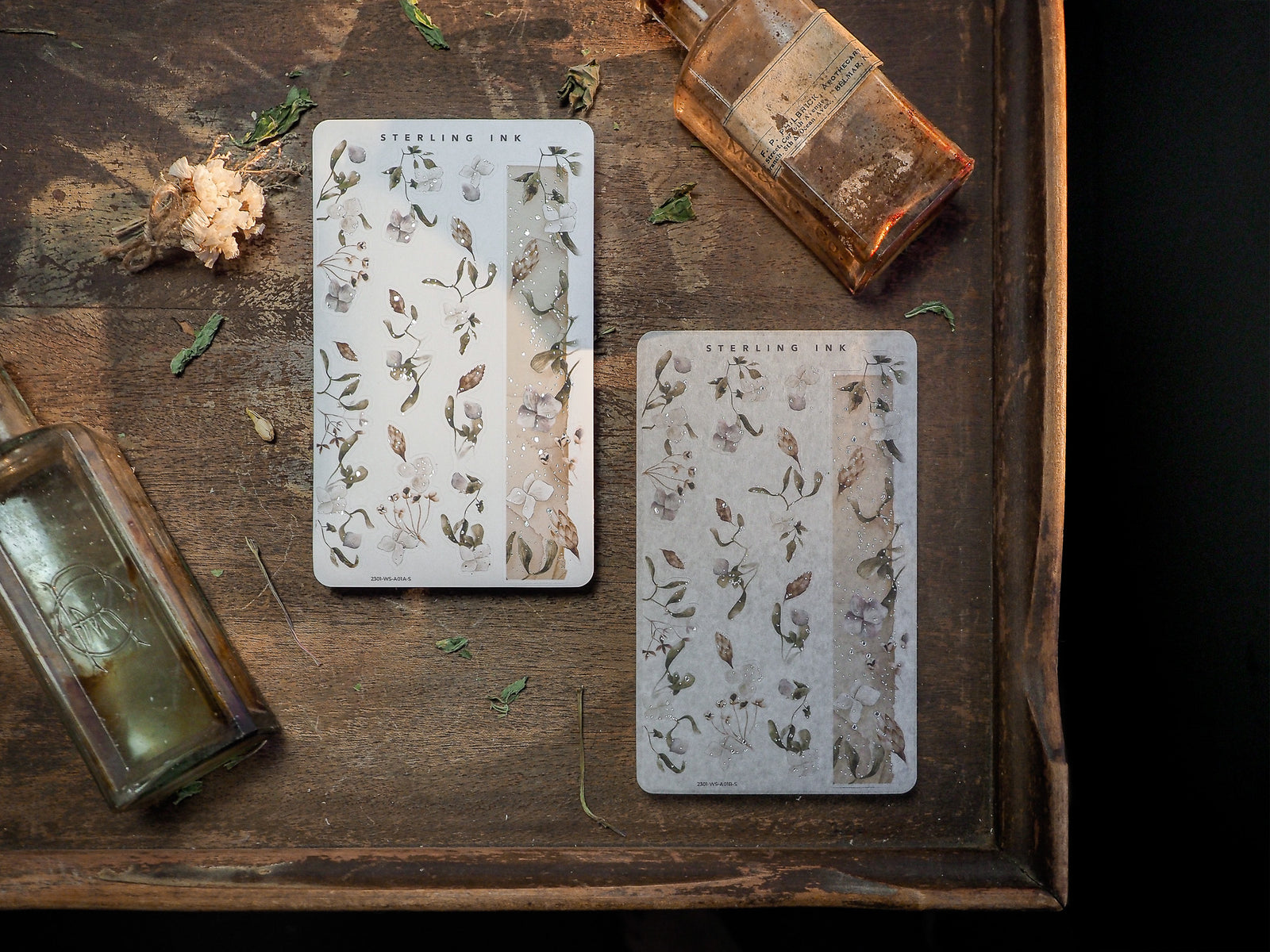 Elegant washi sticker strips featuring delicate, muted botanical illustrations of dried grasses, flowers, and stems, perfect for journal decorating.