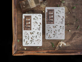 Decorative stickers featuring a vintage botanical arrangement theme, showing detailed sketches of dried herbs and an apothecary cabinet.