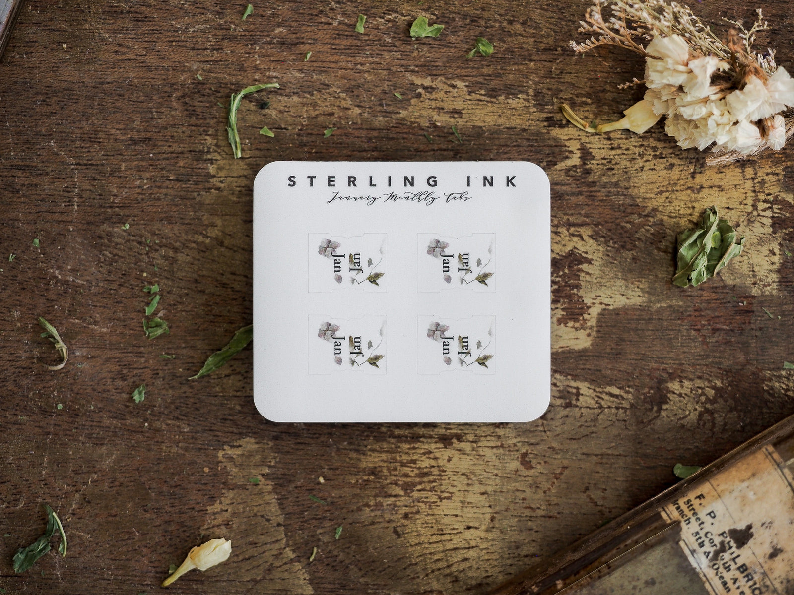 Four stylized January monthly planner tabs, printed on a clean white card, offering organization for scheduling and tracking 2023 events.