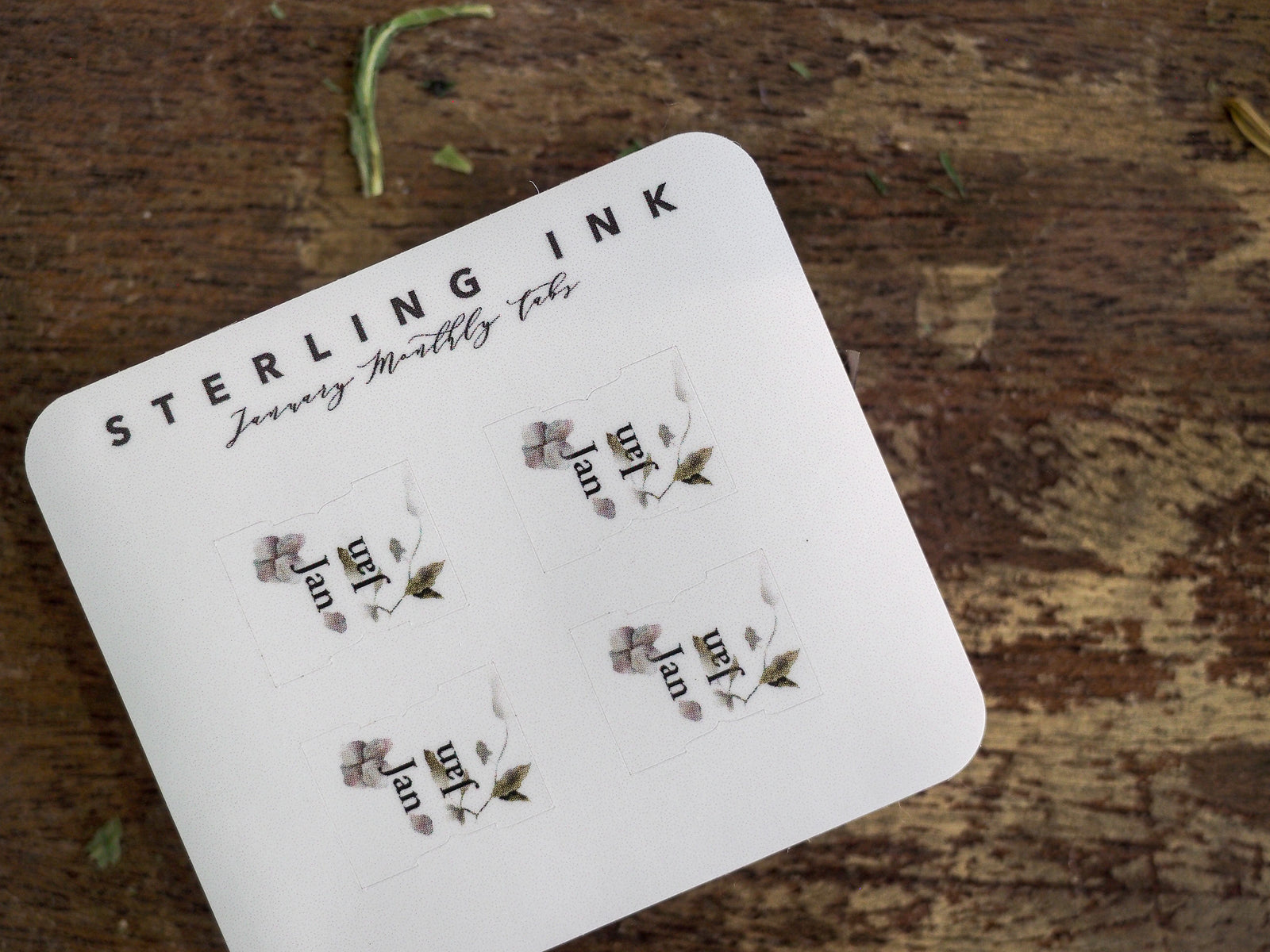 Decorative white monthly planning tabs from Sterling Ink, featuring delicate watercolor illustrations of green foliage and seasonal motifs for January organization.