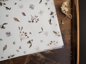Delicate vellum sheet featuring a subtle, scattered pattern of watercolor botanical illustrations, including delicate leaves and small spring blossoms.