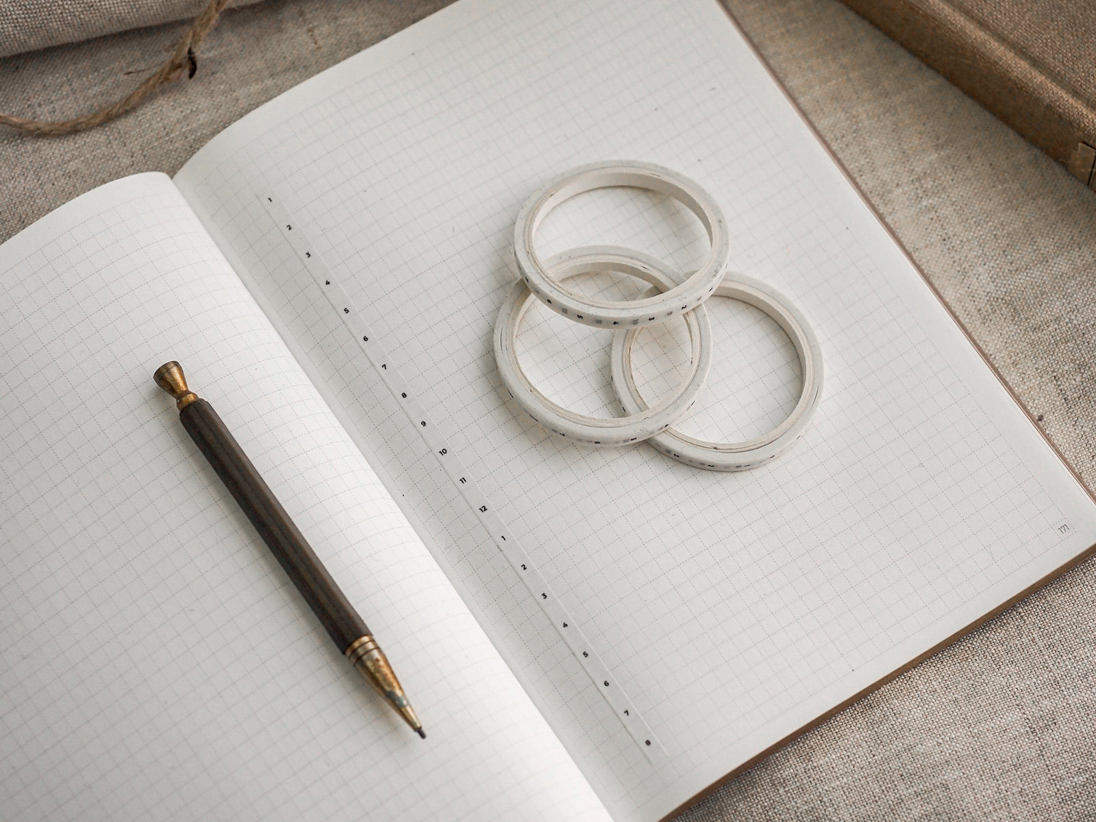 White washi tape rolls featuring delicate dark hourly grid lines, perfect for detailed time-blocking and organized planning in journals.
