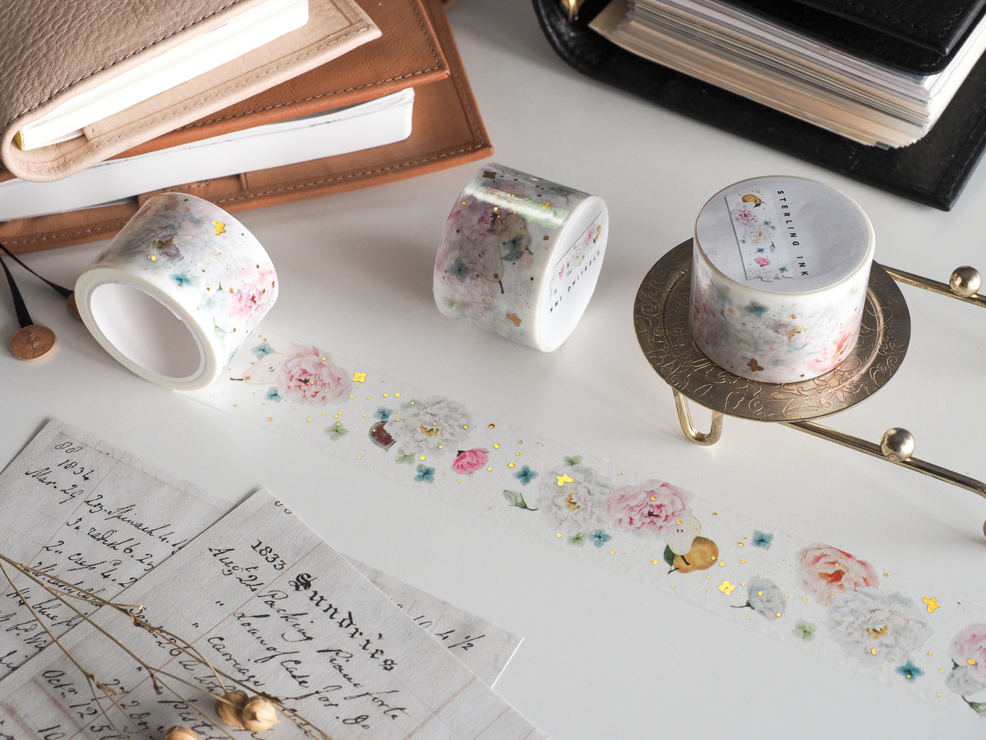Peonies Floral Wide Washi Tape - Gold Foil (30mm)