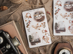 Seasonal watercolor sticker sheets featuring an elegant October arrangement of rich autumnal leaves, berries, and delicate rustic vignettes.