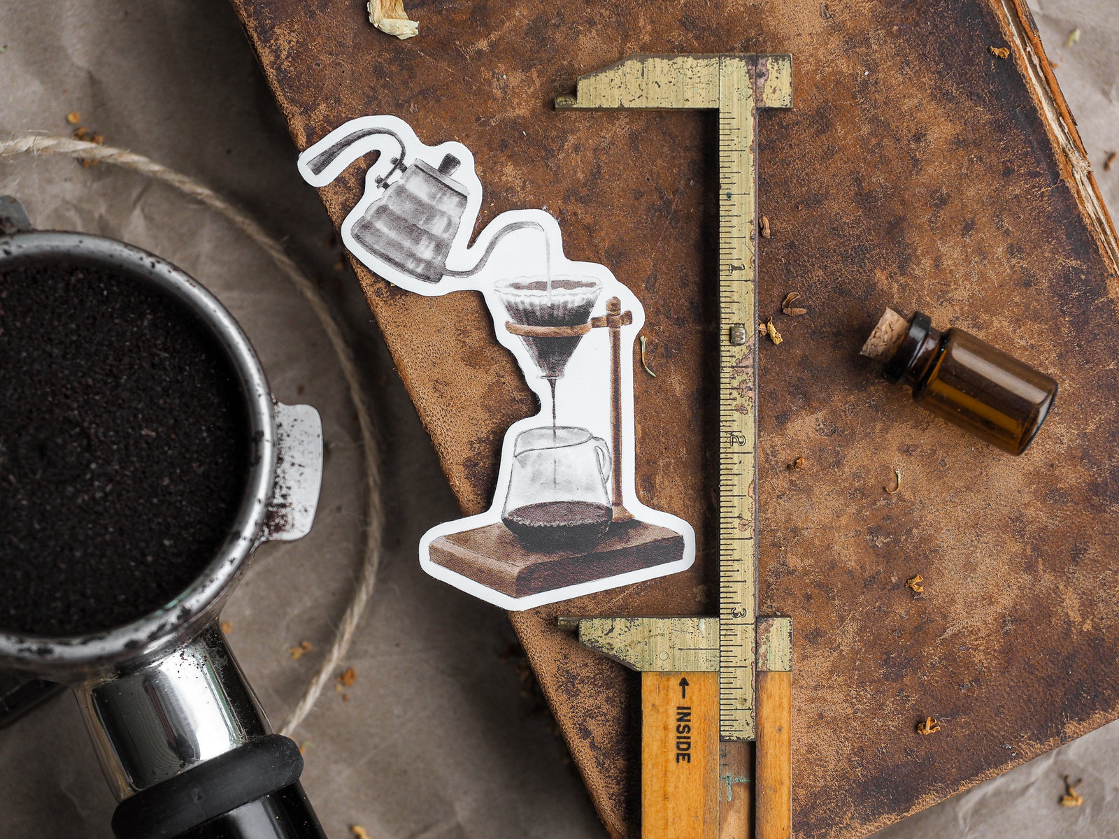 Detailed die-cut vinyl stickers featuring a vintage pour-over coffee brewing set, including the dripper, funnel, and glass carafe.