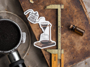 Detailed die-cut vinyl stickers featuring a vintage pour-over coffee brewing set, including the dripper, funnel, and glass carafe.