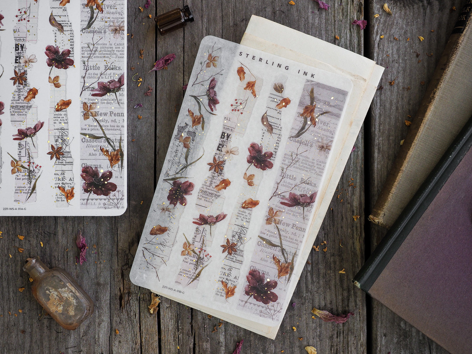 Vintage washi strip stickers featuring sepia-toned botanical illustrations and printed historical text, perfect for crafting scrapbooks or journaling.