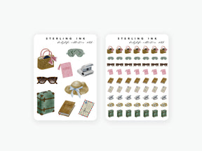 Travel sticker set with luggage, passports, sunglasses, beach bags, vintage travel accessories, and vacation ephemera for