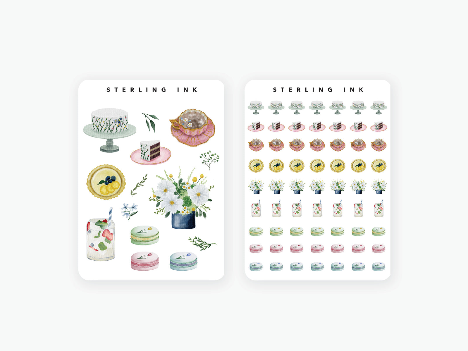 Watercolor baking stickers featuring cakes, cupcakes, pastries, floral bouquets, and miniature dessert patterns. Sweet