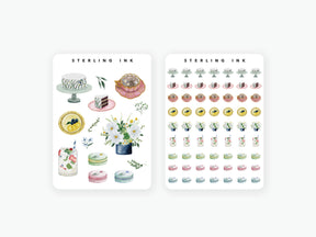 Watercolor baking stickers featuring cakes, cupcakes, pastries, floral bouquets, and miniature dessert patterns. Sweet