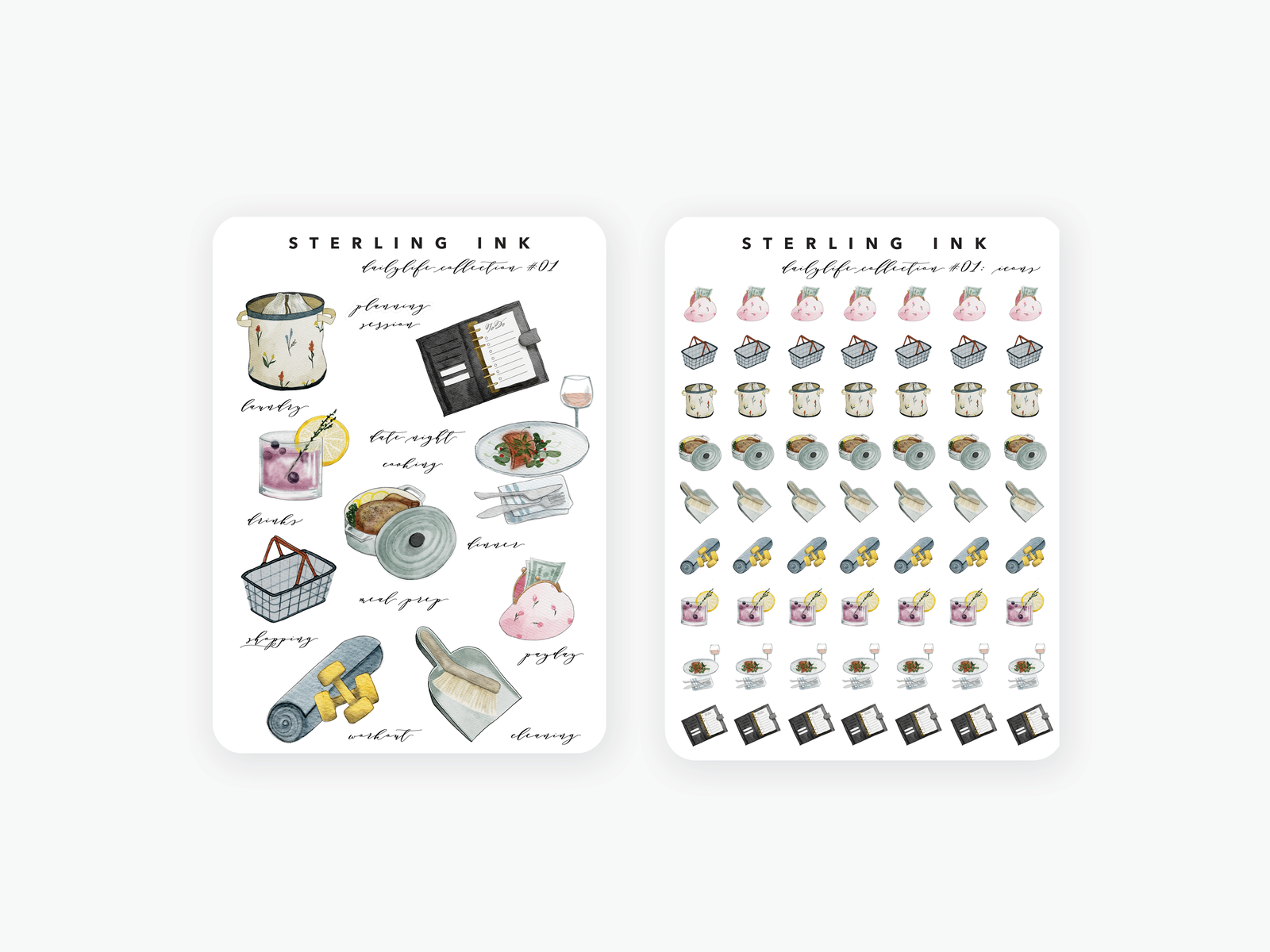 Kitchen and home life sticker sets: Illustrations of cooking utensils, dishes, cleaning tools, food items, and daily objects.