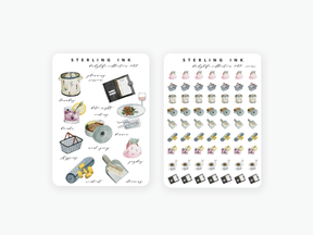 Kitchen and home life sticker sets: Illustrations of cooking utensils, dishes, cleaning tools, food items, and daily objects.